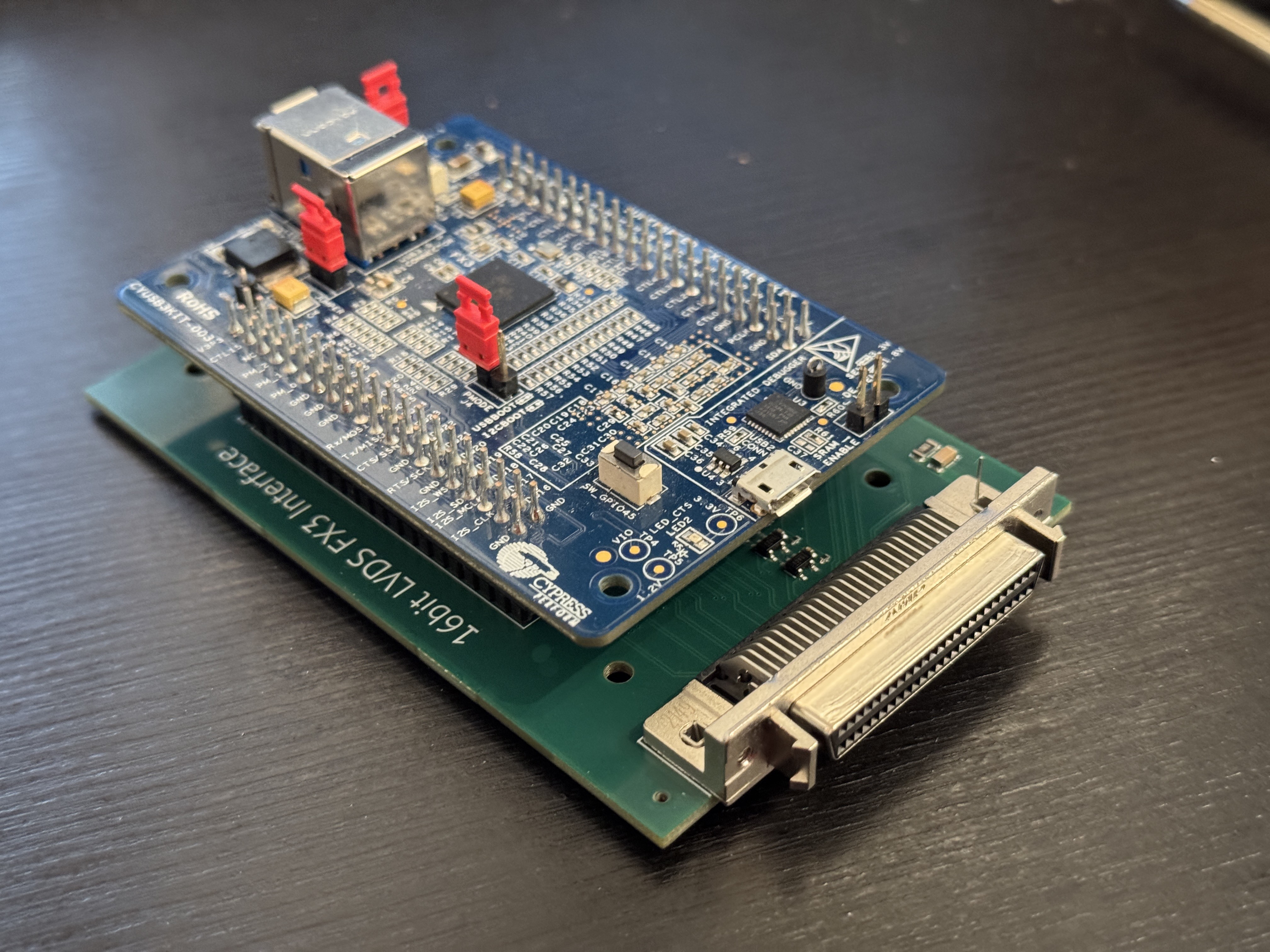 16bit LVDS FX3 Framegrabber PCB with SuperSpeed Explorer Kit mounted on top