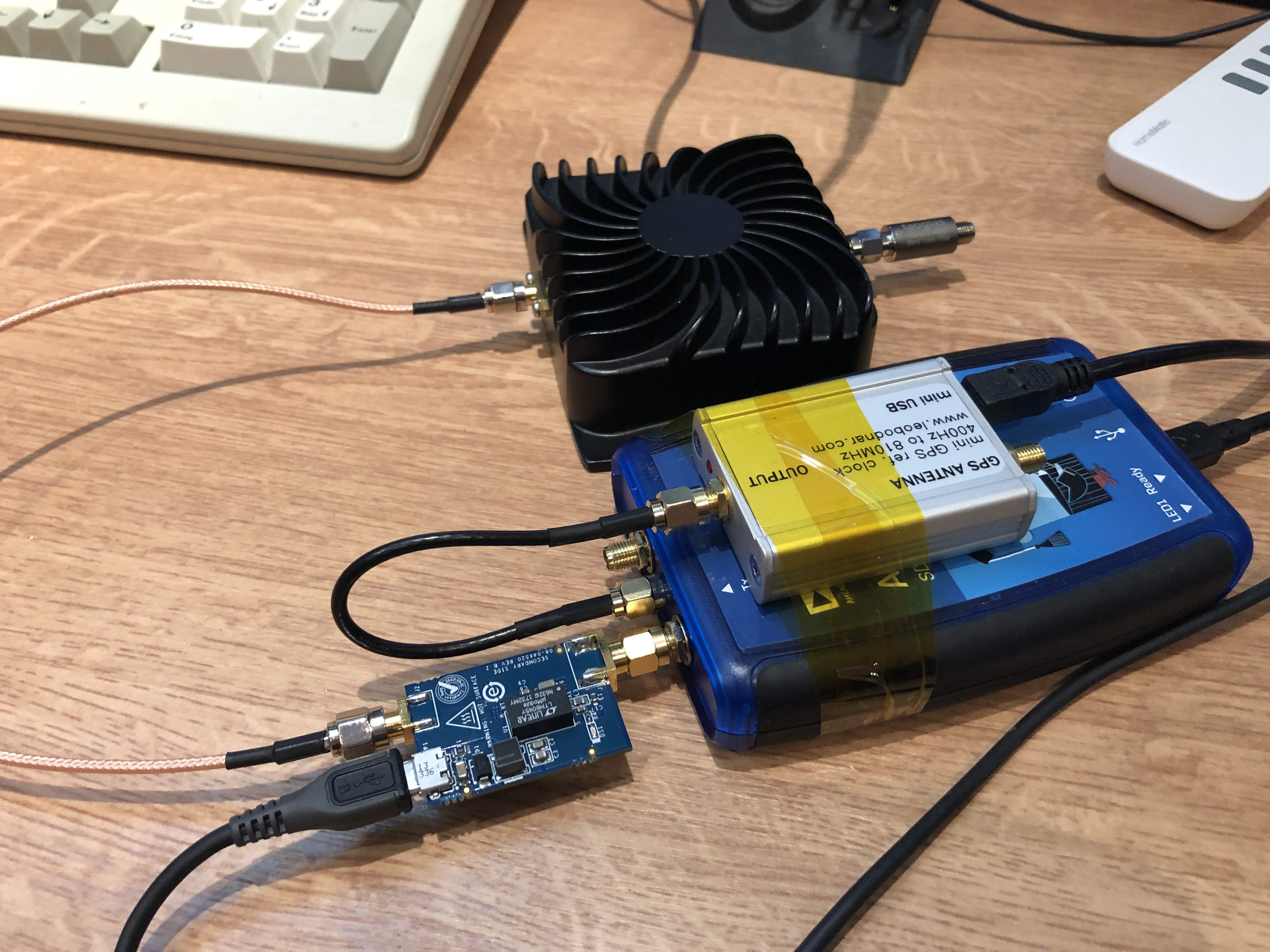 PlutoSDR setup, with GPSDO, CN0417 amplifier and WiFi booster