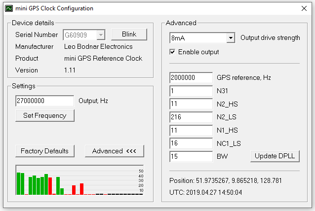 Screenshot of mini GPS Clock configuration GUI, set to 27000000 Hz