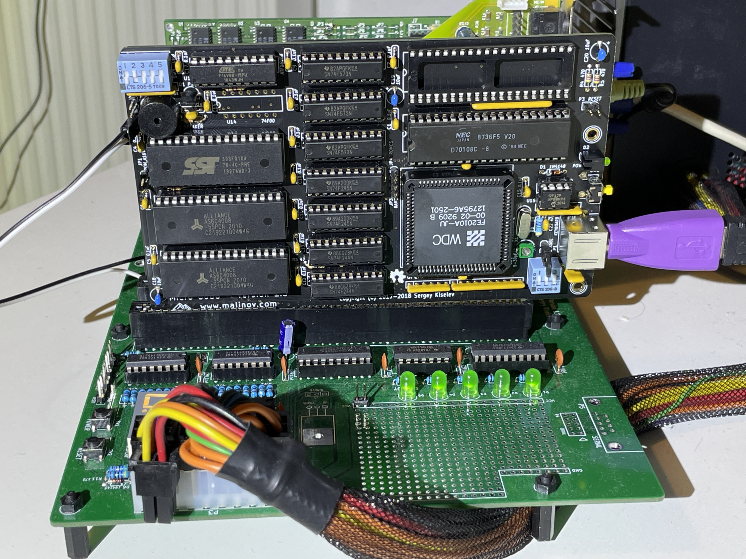 micro8088 CPU card, sitting in a ISA backplane