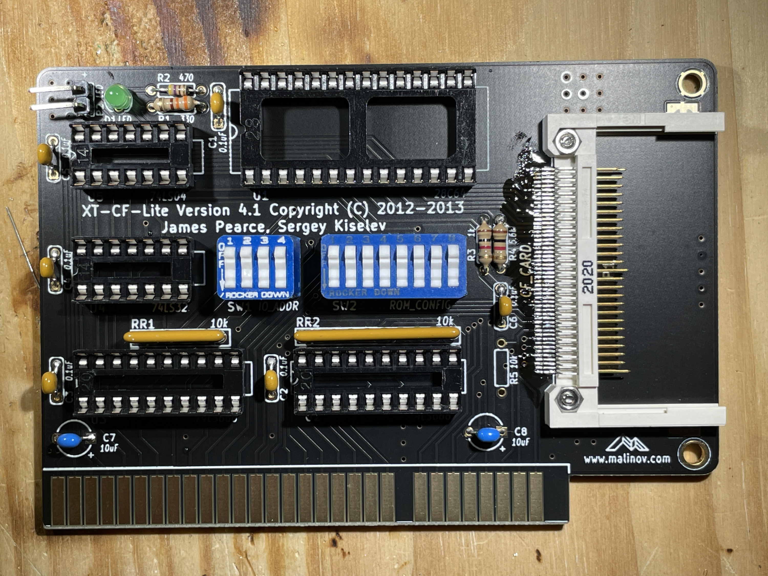 XT-CF PCB with IC sockets and DIP switches