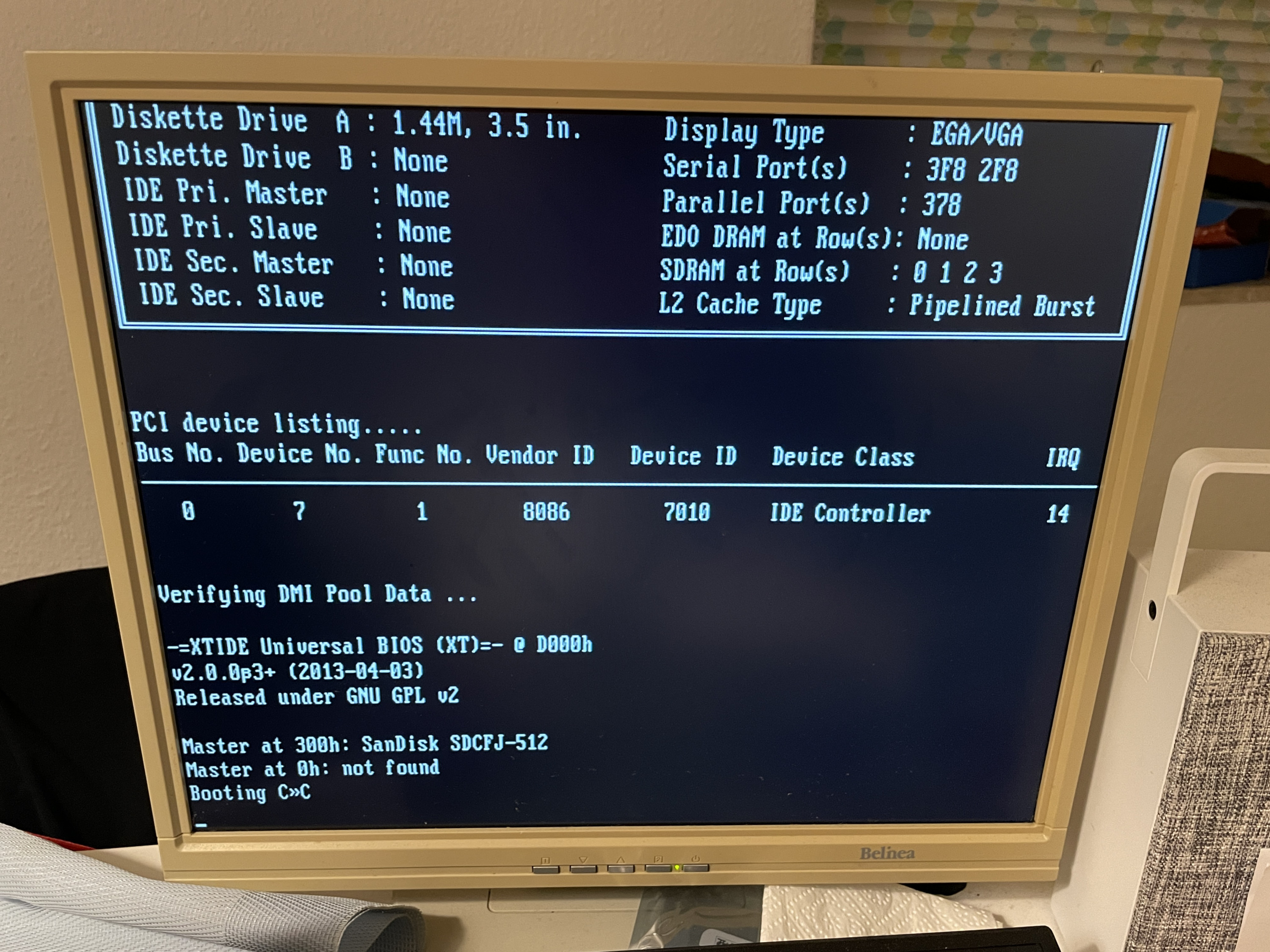 Monitor, showing PC boot with XTIDE BIOS reporting a SanDisk card