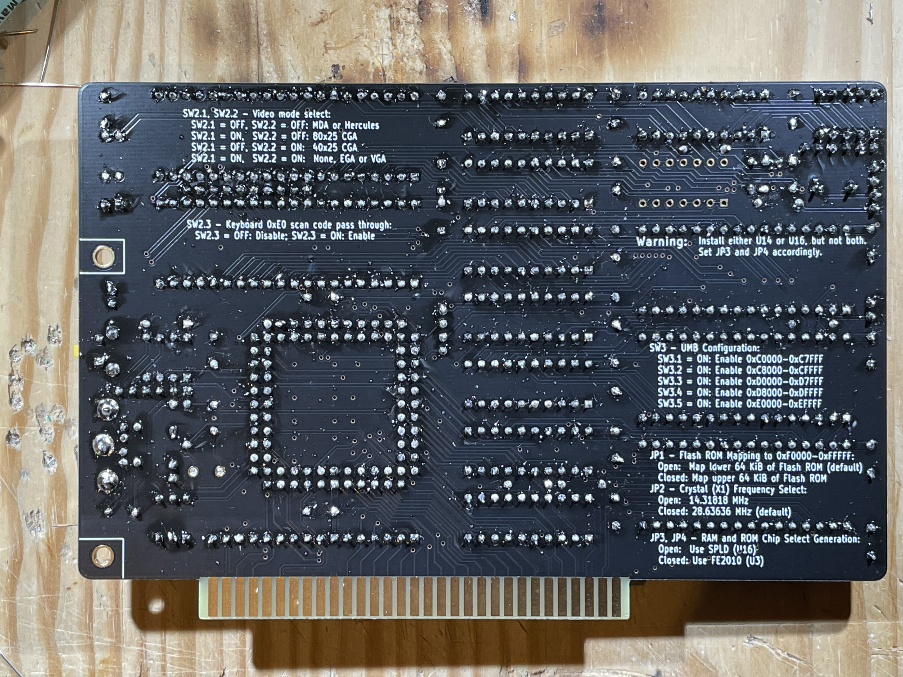 micro8088 PCB backside, solder joints visible