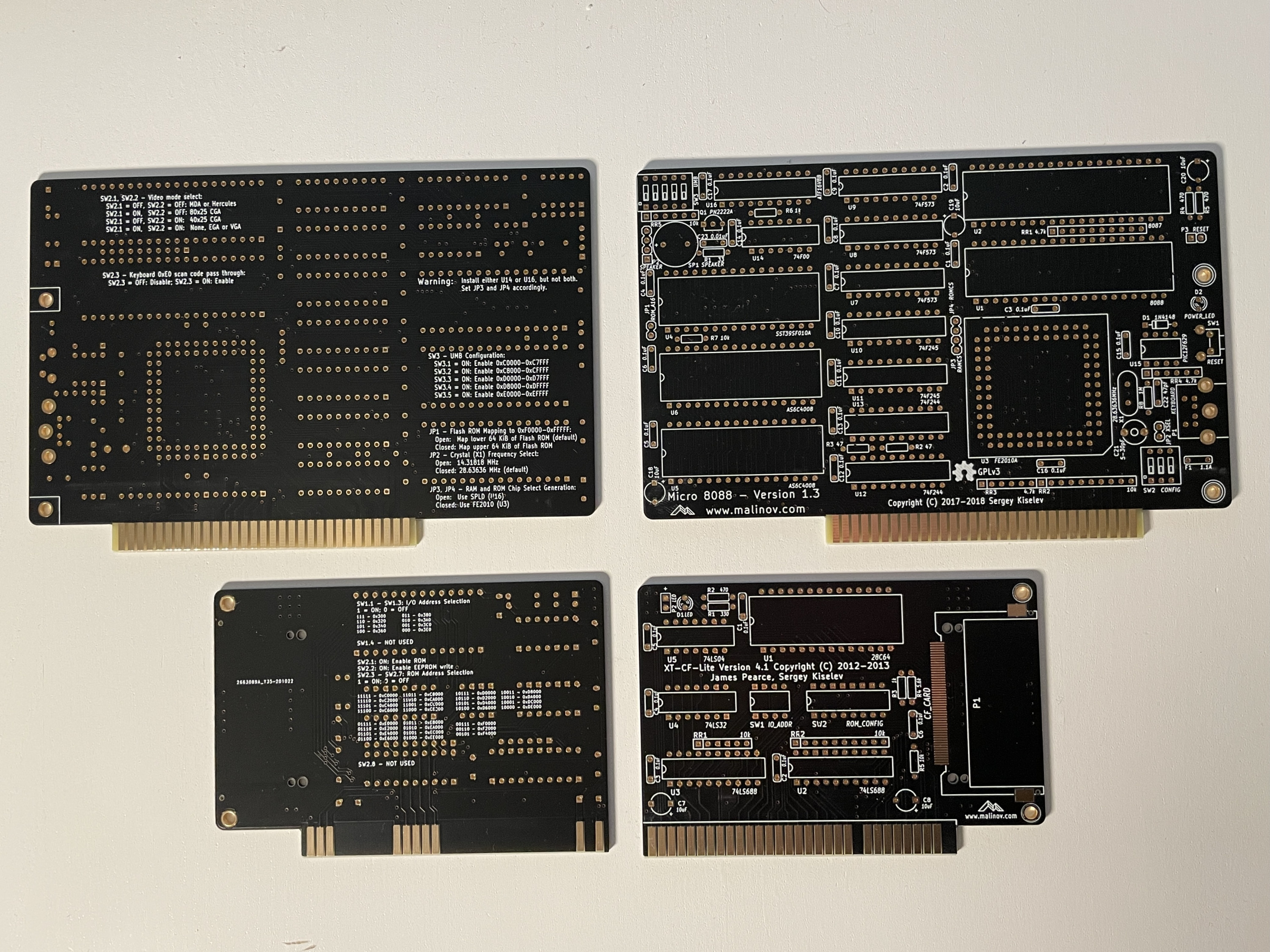 Plain micro8088 and XT-CF-Lite PCBs