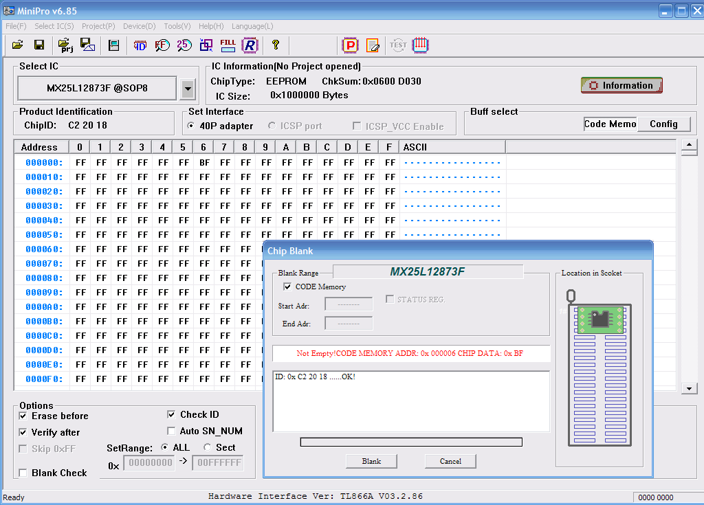 Screenshot of MiniPro v6.85, doing a Chip Blank test, reporting Not Empty!, address 0x06 as containing 0xBF