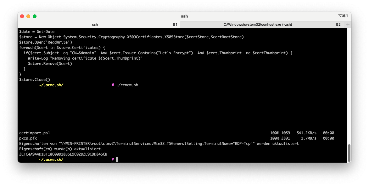 Terminal, showing “renew.sh” running and updating RDP certificates