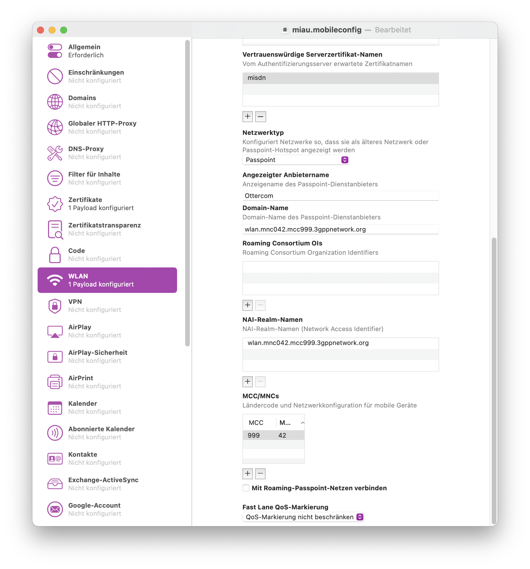 Apple Configurator, showing MCC/MNC and display name configuration