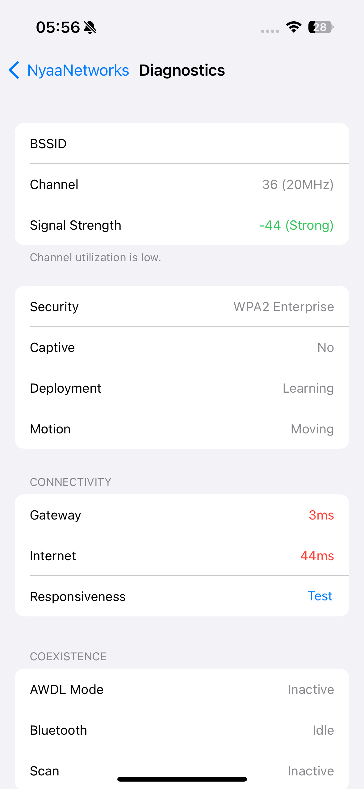 iOS screenshot, diagnostic page, WPA-Enterprise network