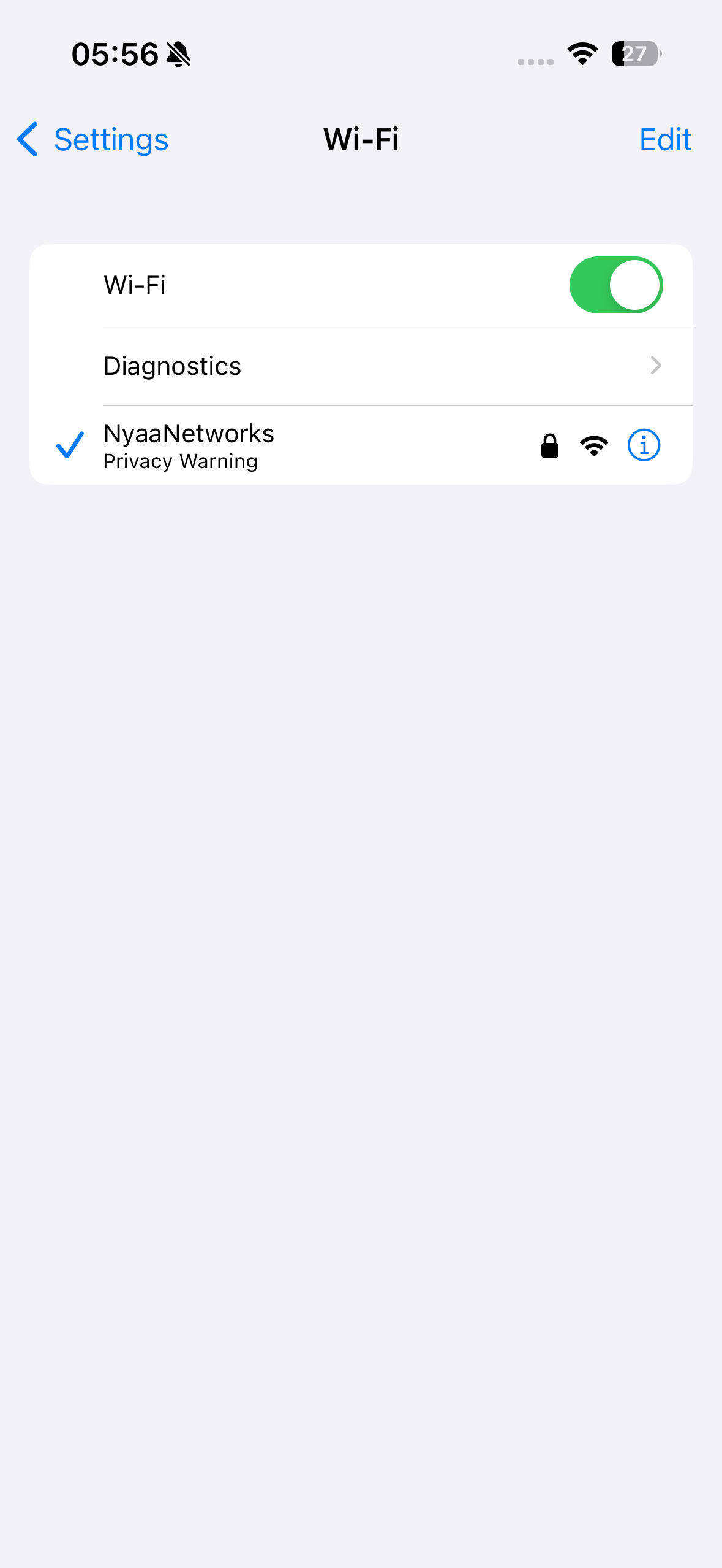 iOS screenshot, SSID list, connected to NyaaNetwork