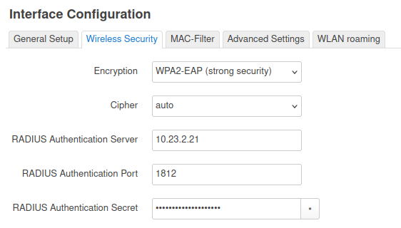 OpenWRT, interface configuration dialog, with WPA2-EAP and RADIUS authentication server/port/secret parameters