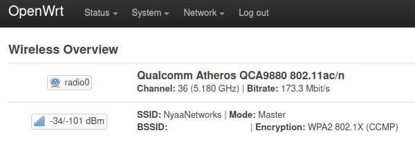 OpenWRT, showing a wireless network with WPA2 802.1X encryption