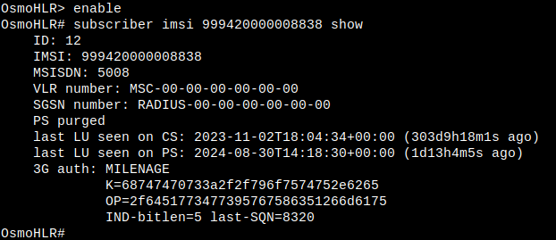 OsmoHLR VTY, showing a subscriber entry for a single IMSI, with 3G authentication data (K and OP values)