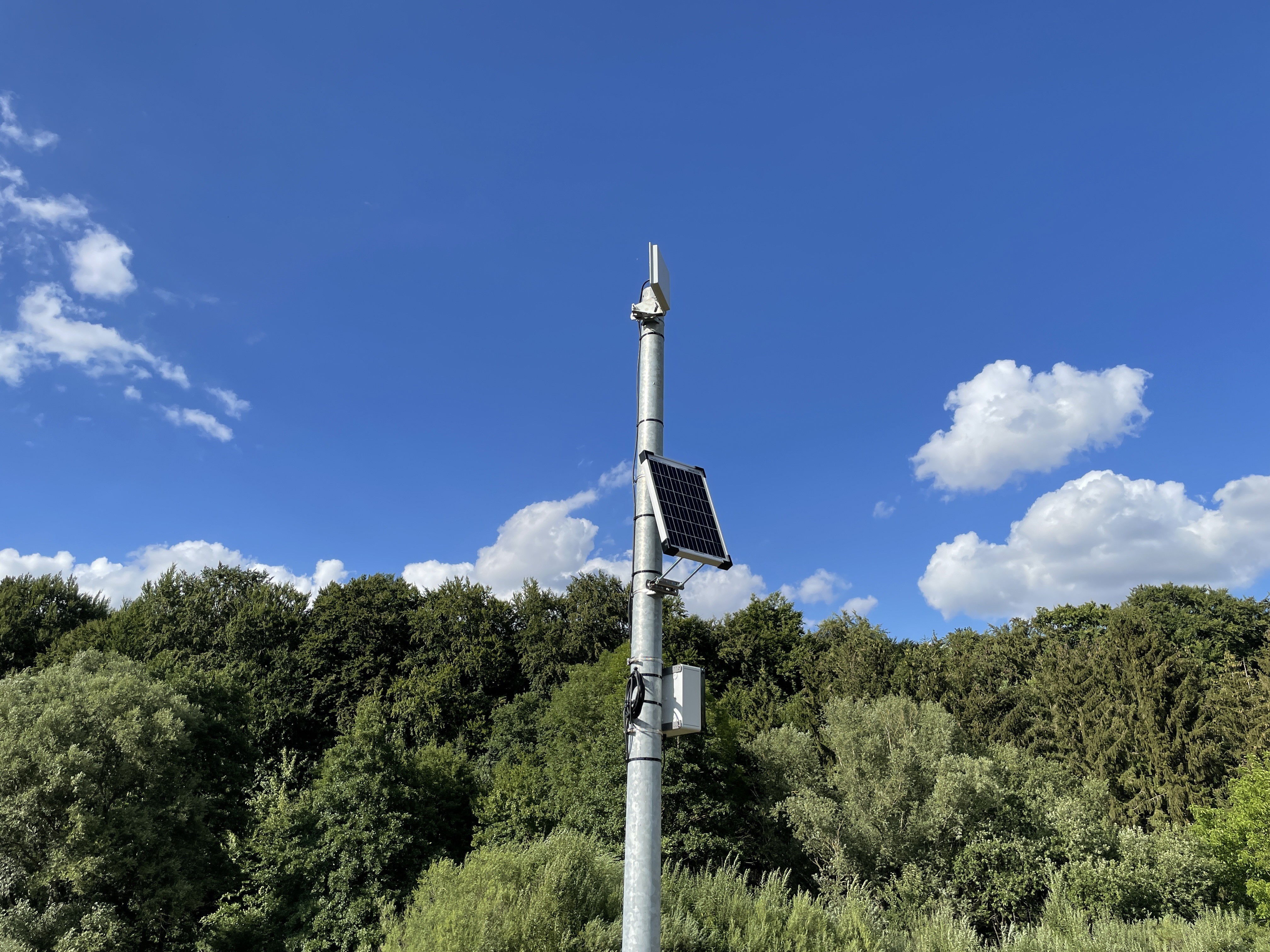 Mast, with solar panel, WiFi antenna and SolarCamPi enclosure mounted to it, in nature