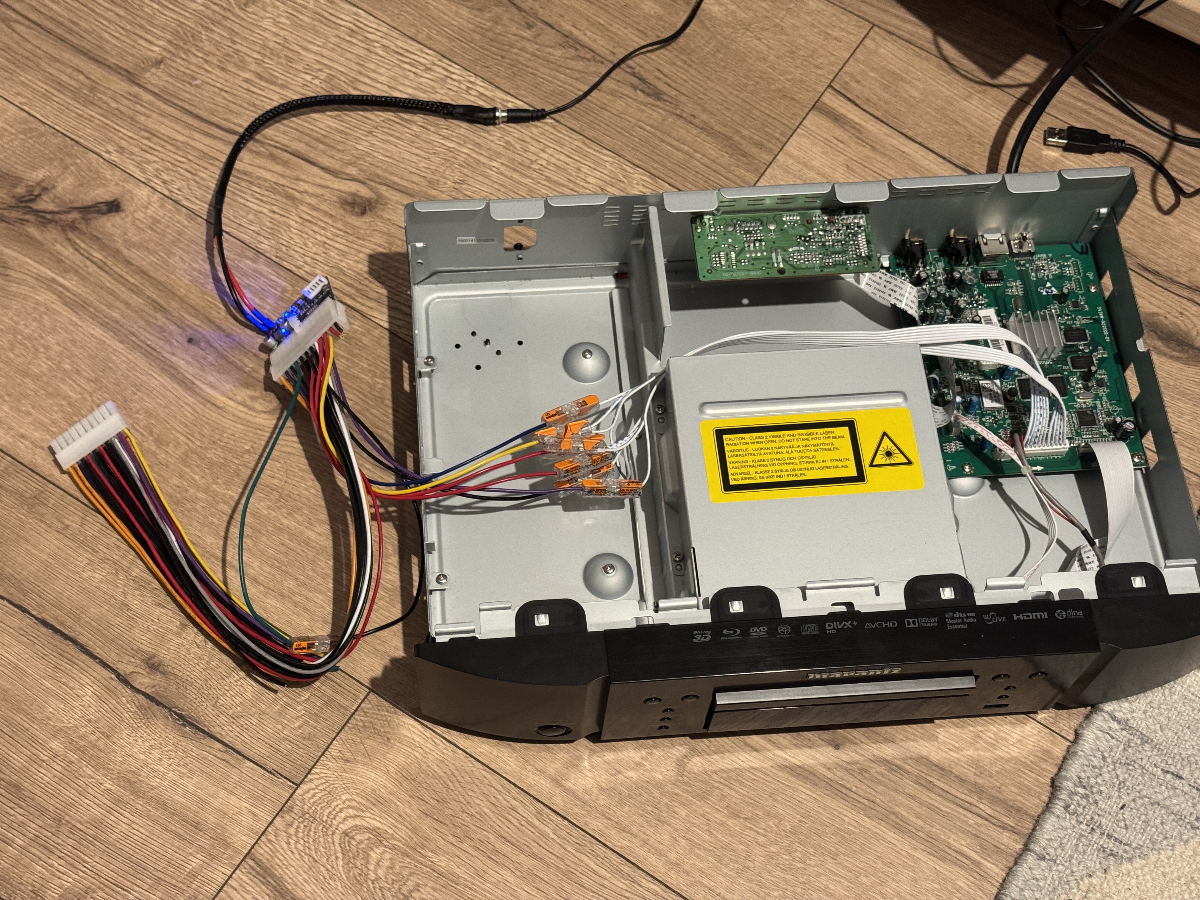 Inside of a Marantz UD5007, with internal power supply replaced for an ATX supply