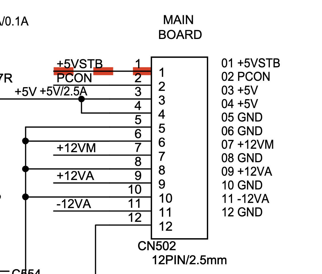 Screenshot of Marantz UD5007 service manual, showing the pinout of the power supply connector
